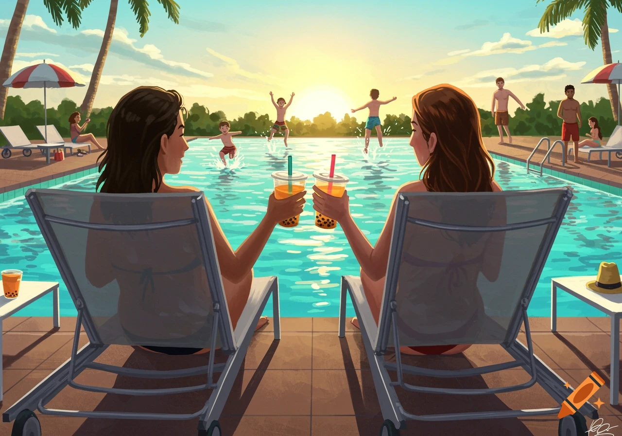 Two friends toast with bubble tea by a sunny pool, while children and adults play in the water. Illustrated style.