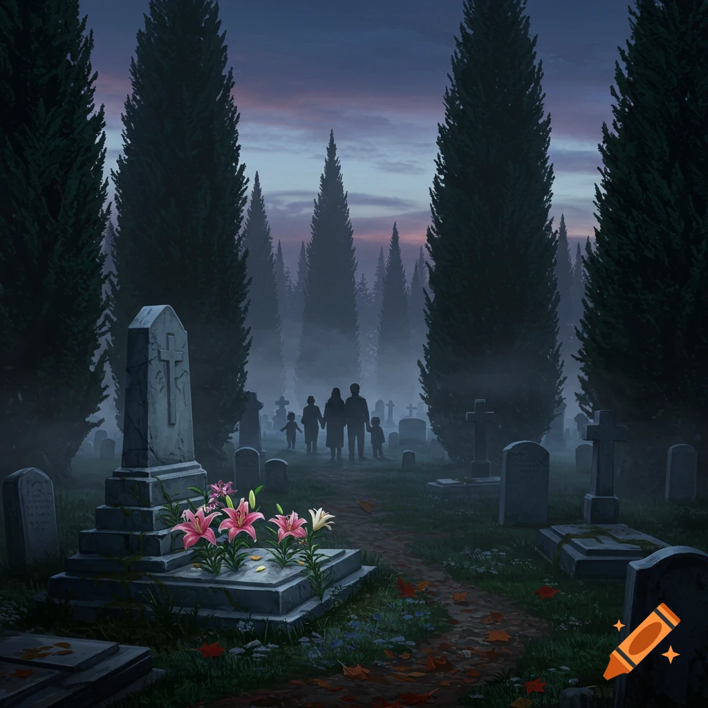 A misty graveyard at dusk with a family of five silhouettes walking away in the background. Pink and white lilies adorn a tombstone in the foreground.
