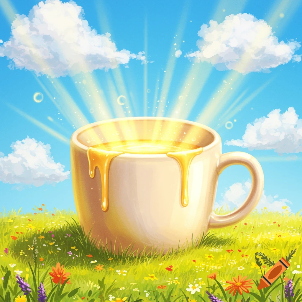 A cream mug overflowing with golden, glowing liquid in a vibrant wildflower field under a blue sky with sunbeams.