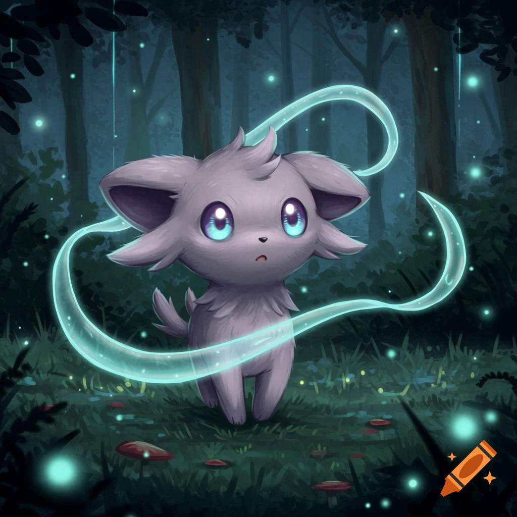 A cute grey Espurr Pokemon with large purple eyes stands in a dark, glowing fantasy forest with blue ribbons of energy around it.