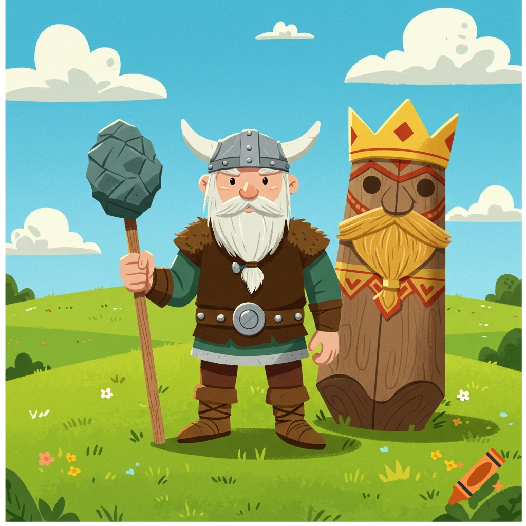 Cartoon Viking-like character with white beard, horned helmet, holding a stone club, next to crowned totem pole in field.