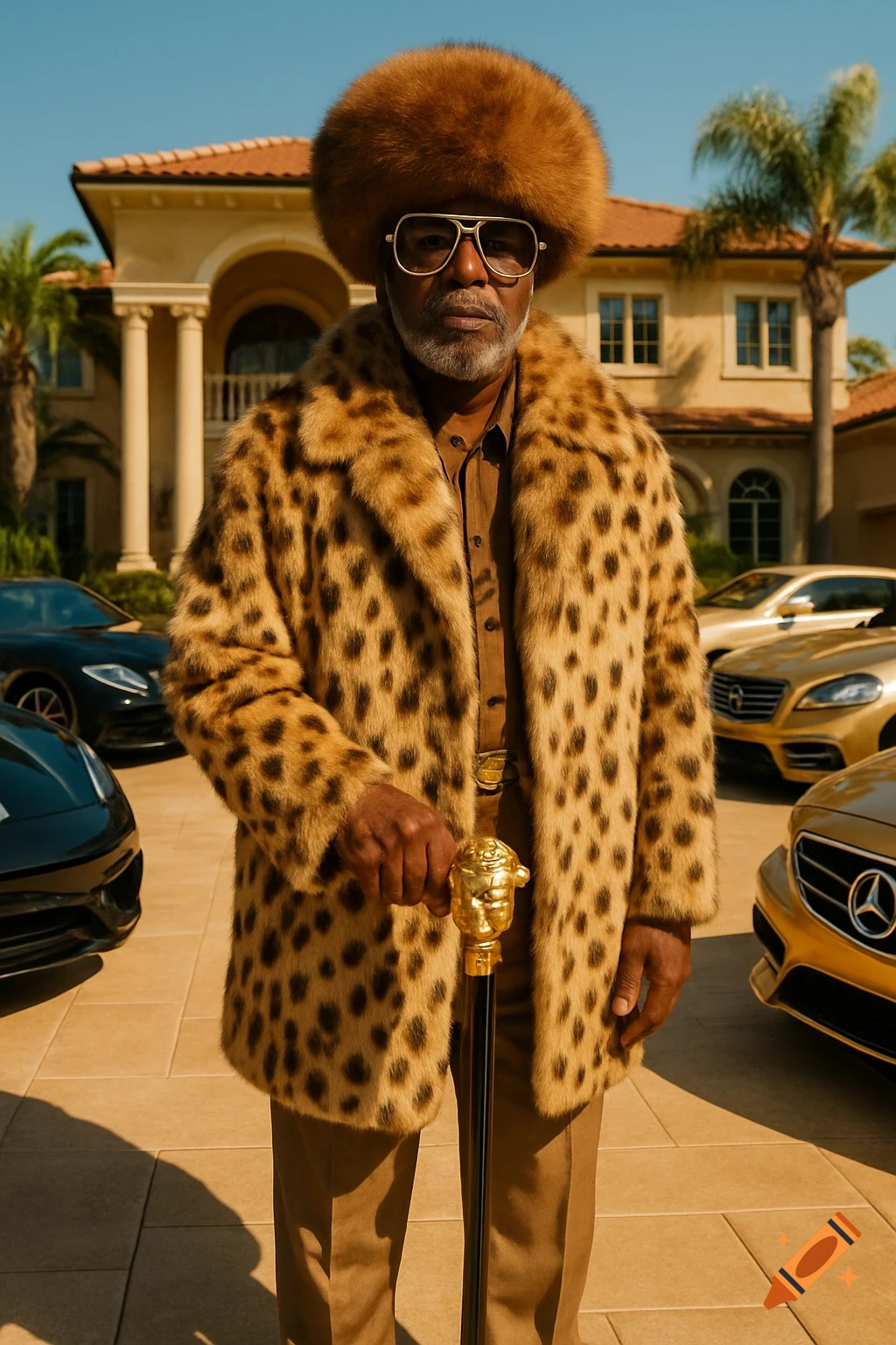 A man in a fur coat, fur hat, and sunglasses holds a gold-headed cane in front of a mansion with luxury cars.