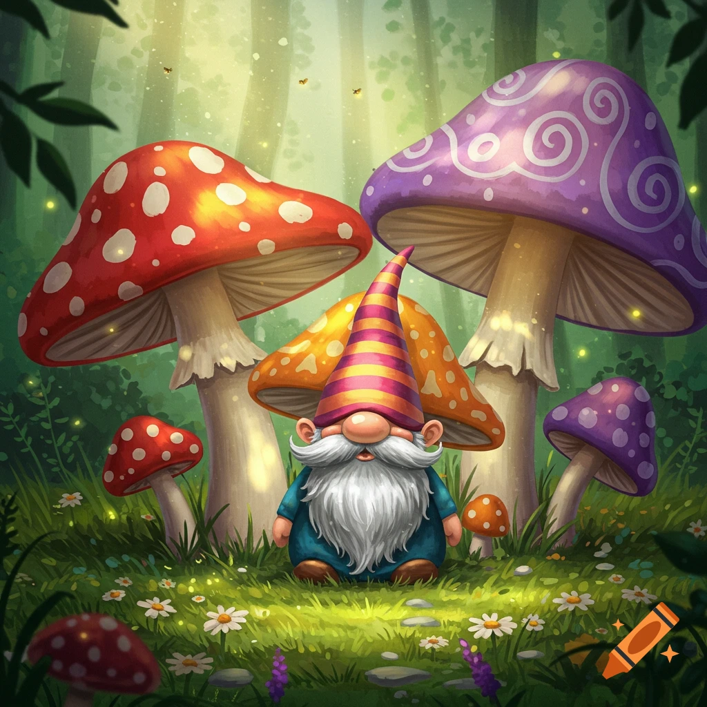 A whimsical gnome with a long white beard and a striped hat sits in a vibrant forest surrounded by large red and purple mushrooms.