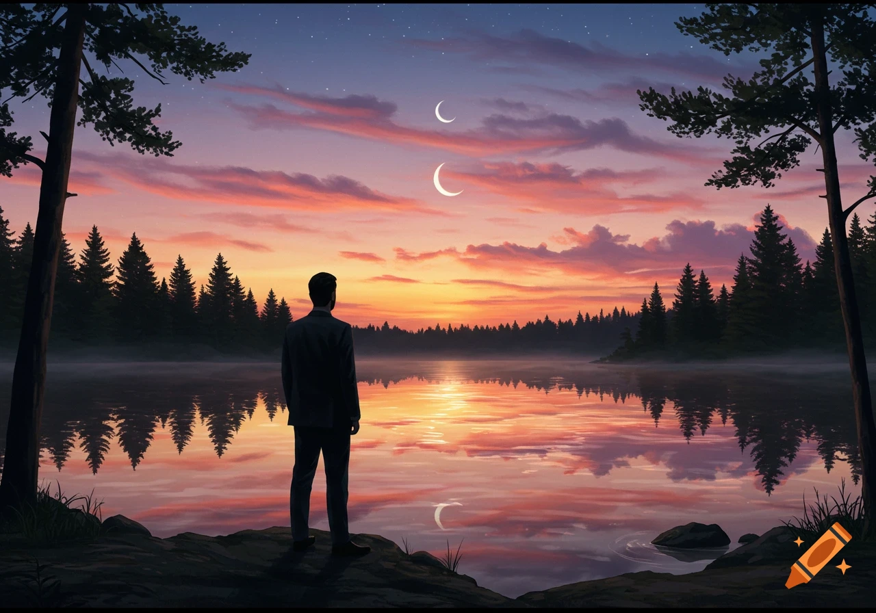 A man stands by a lake, looking at a colorful sunset sky with two crescent moons reflected in the water, surrounded by pine trees.