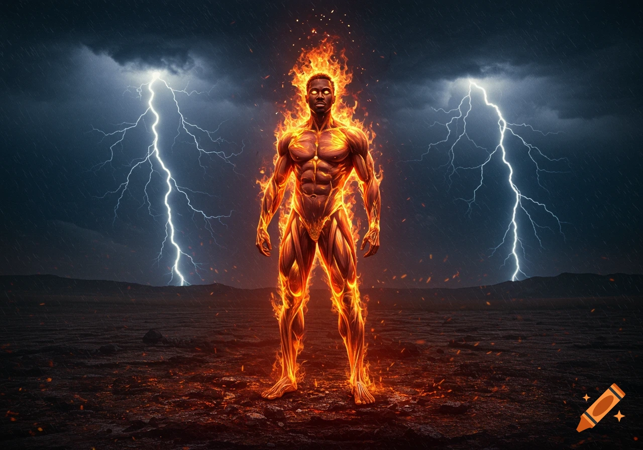 A powerful Black man engulfed in flames stands on a desolate, rocky ground under a dark, stormy sky with lightning bolts.