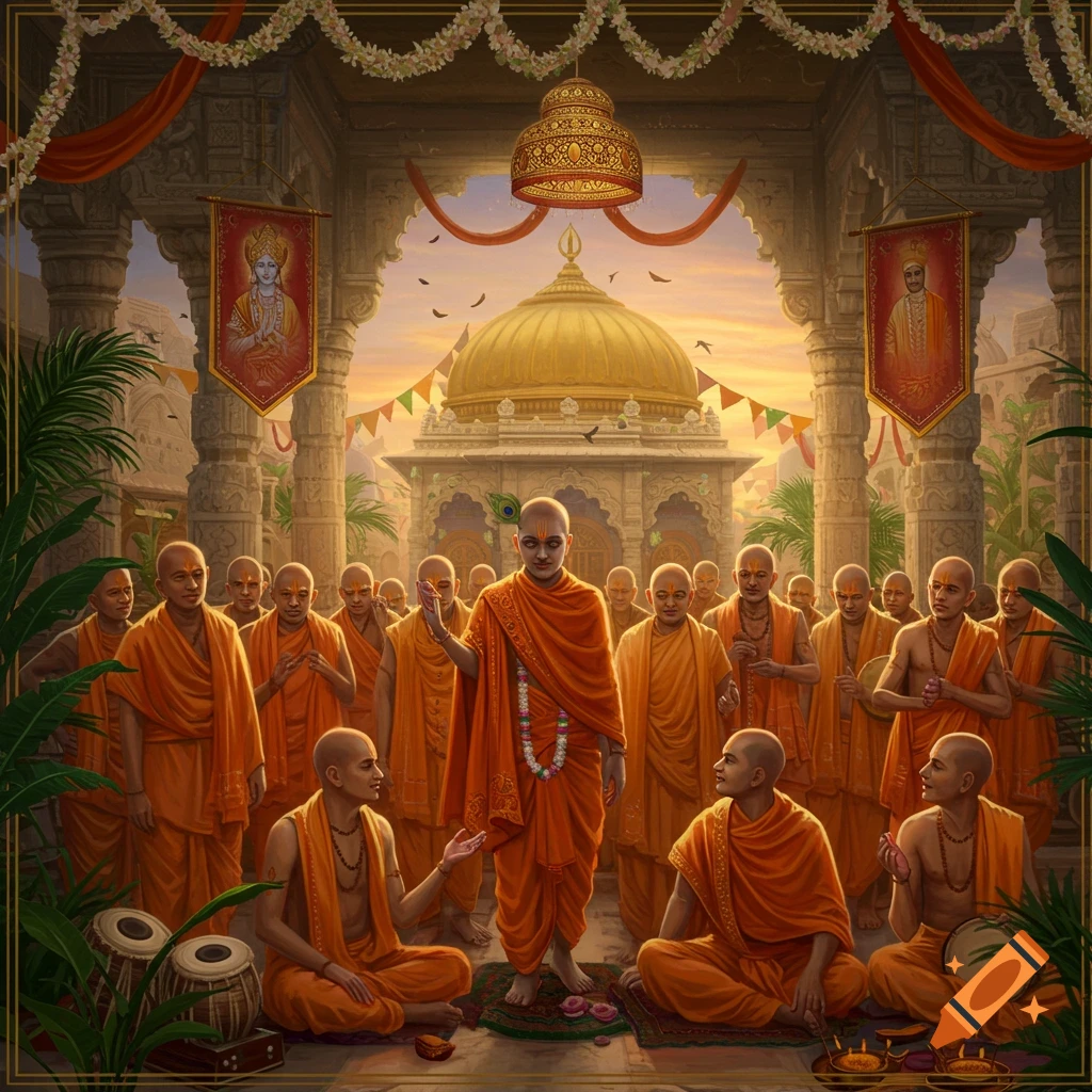 Bald men in orange robes in an ornate temple courtyard with a golden-domed building at sunset, in a detailed digital painting style.