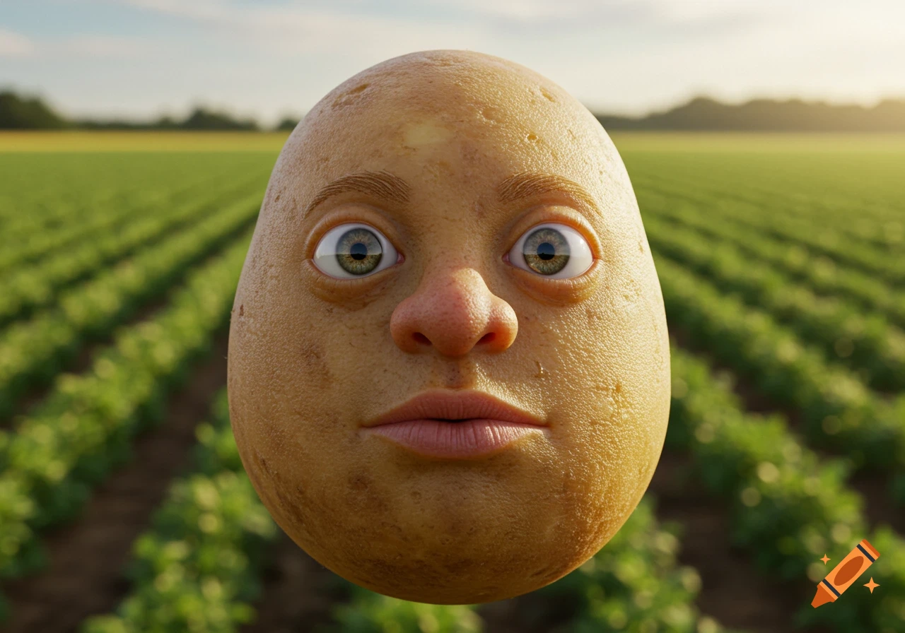 A realistic potato with human eyes, nose, and mouth in a green field under a sunny sky.