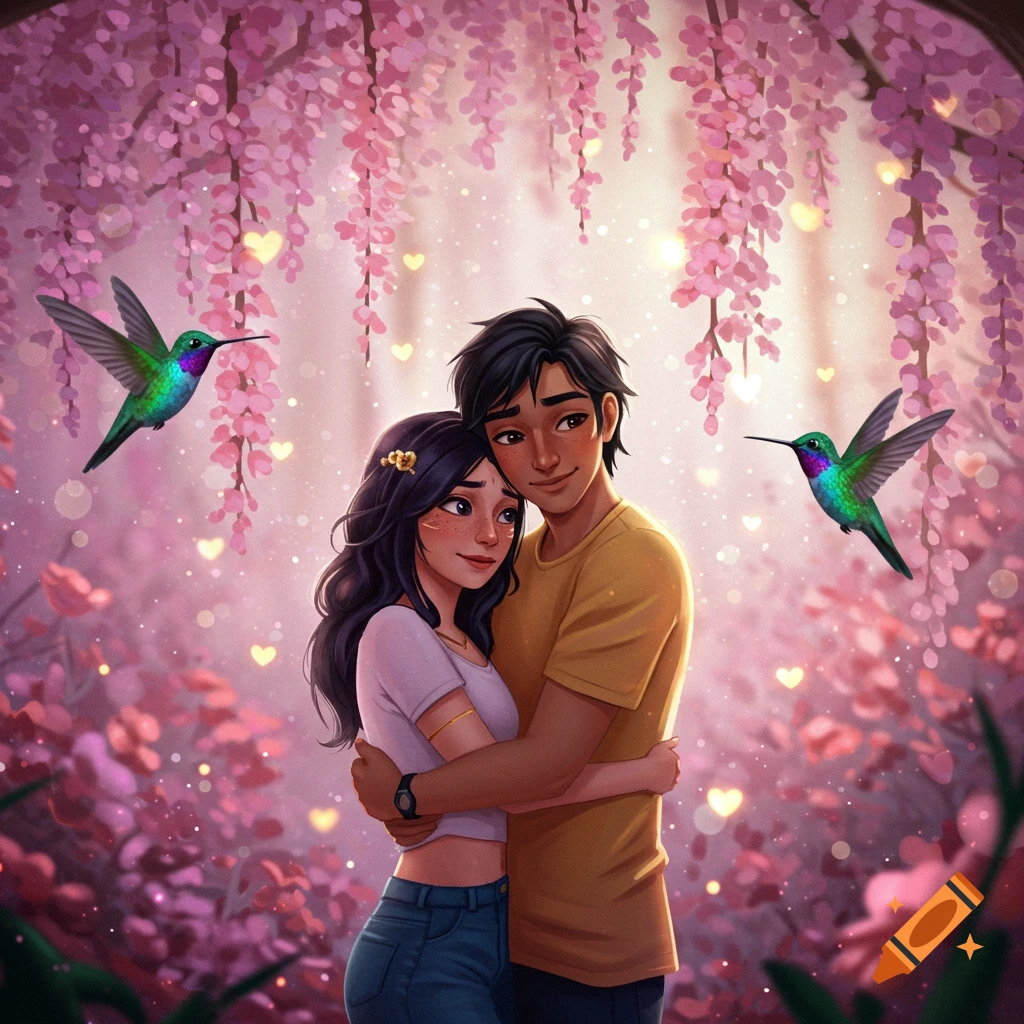 Illustrated romantic scene of a couple embracing under pink wisteria with hummingbirds flying around, sparkling lights and hearts.
