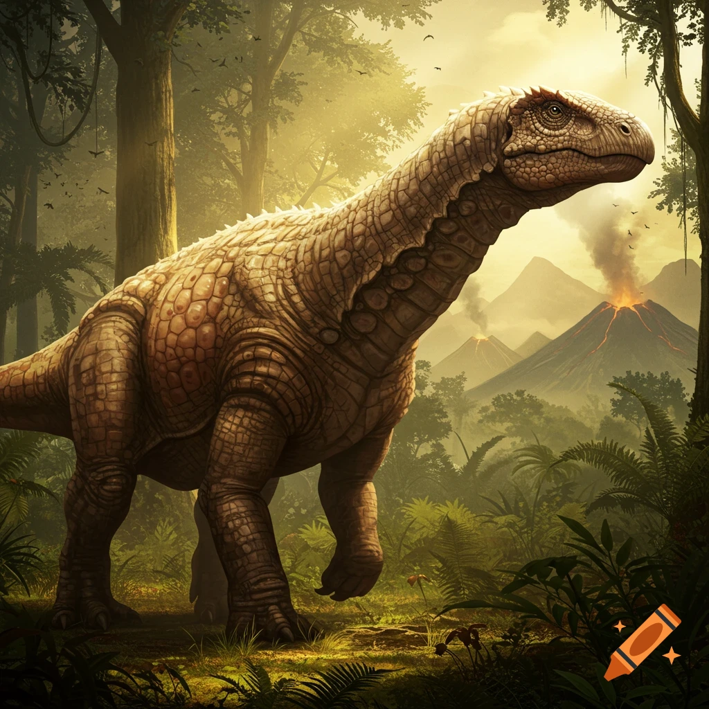 A large, scaly dinosaur stands in a lush, prehistoric jungle under golden light, with active volcanoes in the background.