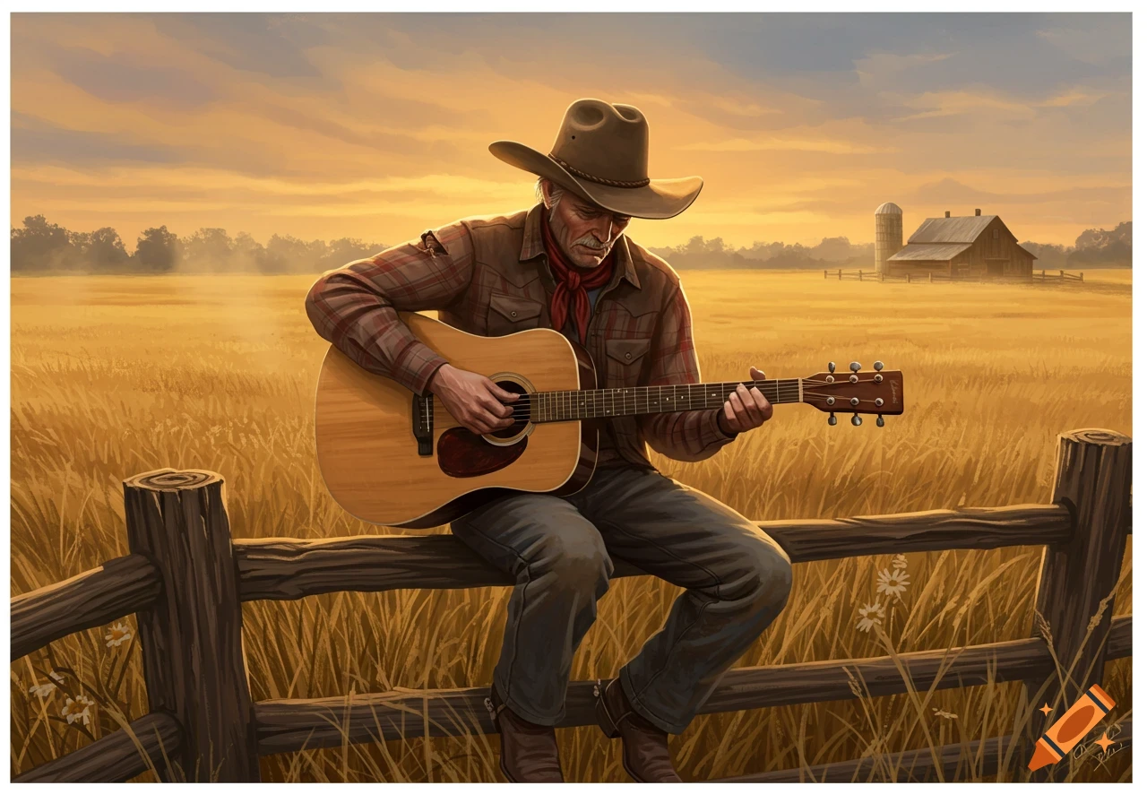 An older man in a cowboy hat sits on a wooden fence, playing an acoustic guitar in a golden field. A barn and silo are in the background at sunset. Digital painting.