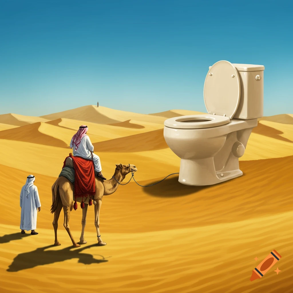 A man on a camel leads another man toward a large toilet in the middle of a vast desert with sand dunes.