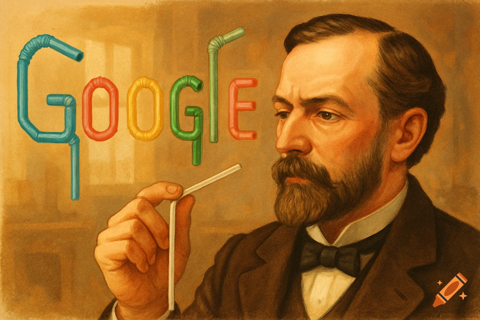 A painted portrait of Marvin Stone holding a drinking straw, with the word 'Google' spelled out in colorful straws behind him.