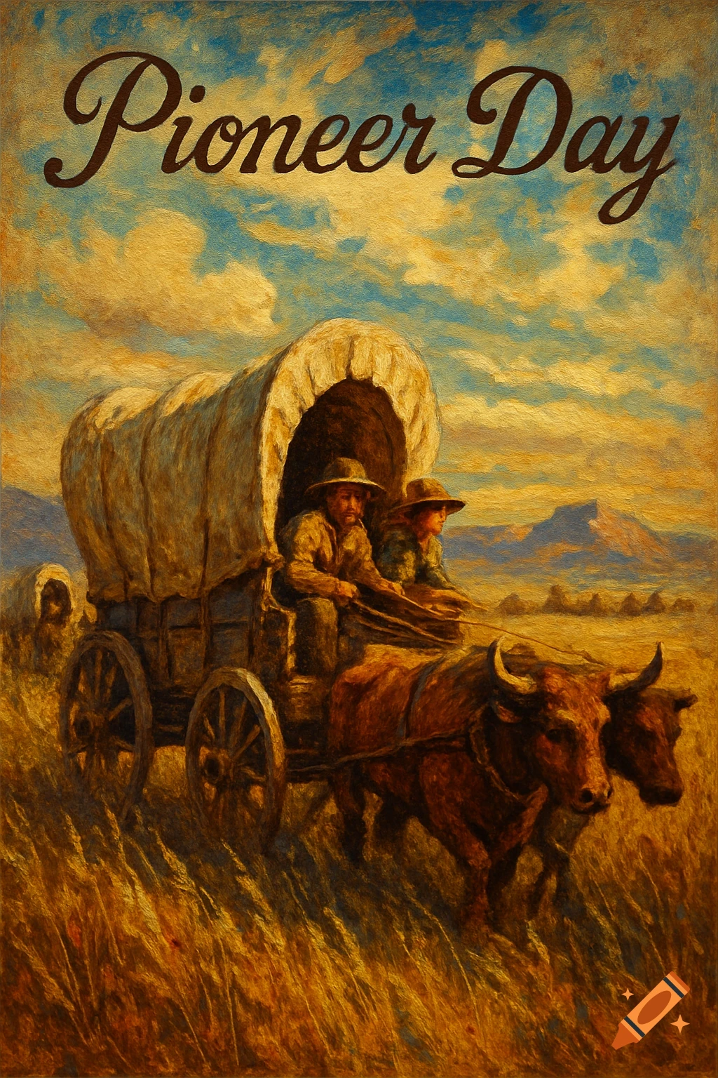 Oil painting of a covered wagon pulled by oxen carrying two people across a golden field. Text 'Pioneer Day'.