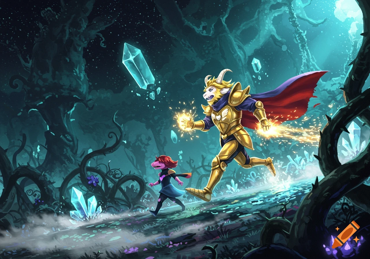 A golden-armored goat-like character and a smaller creature run through a dark, ethereal forest filled with glowing blue crystals, as the goat emits sparks.
