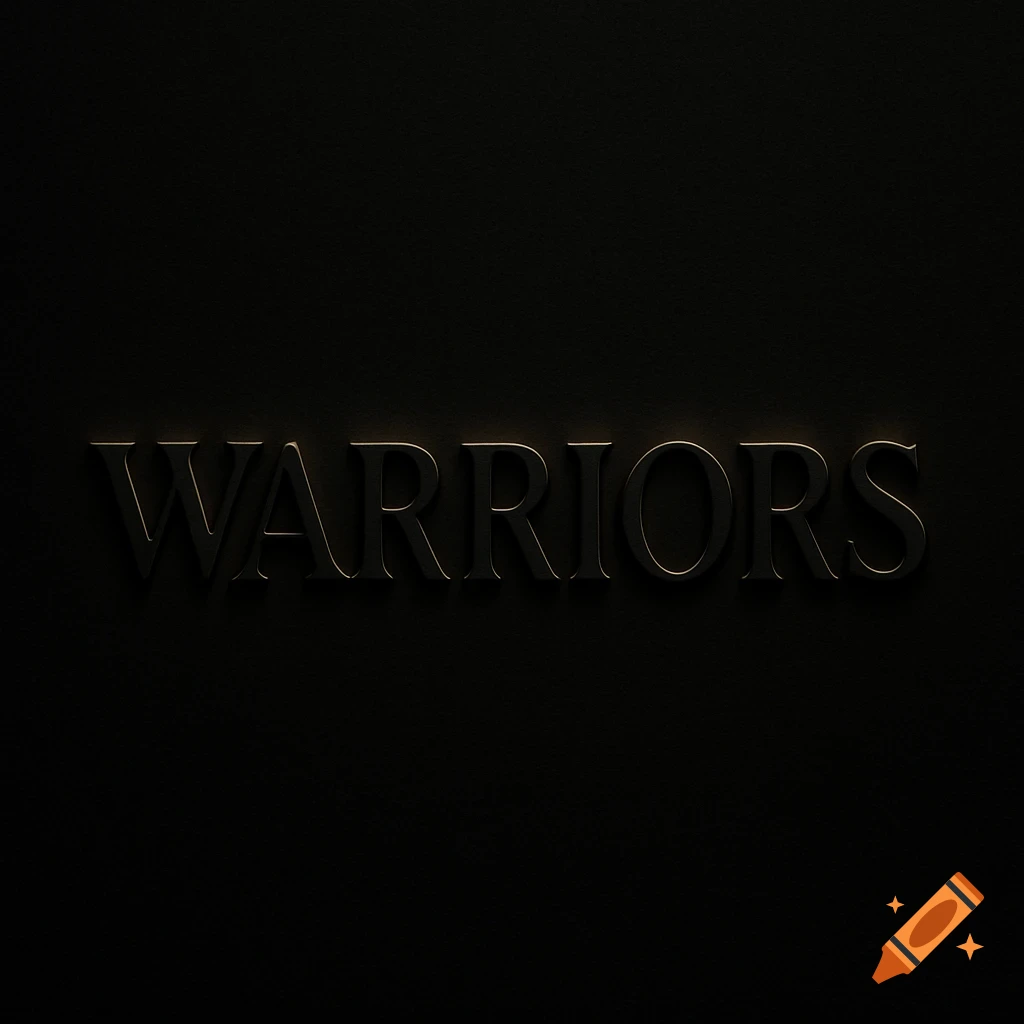The word WARRIORS in dark 3D letters with a subtle golden glow against a black background.