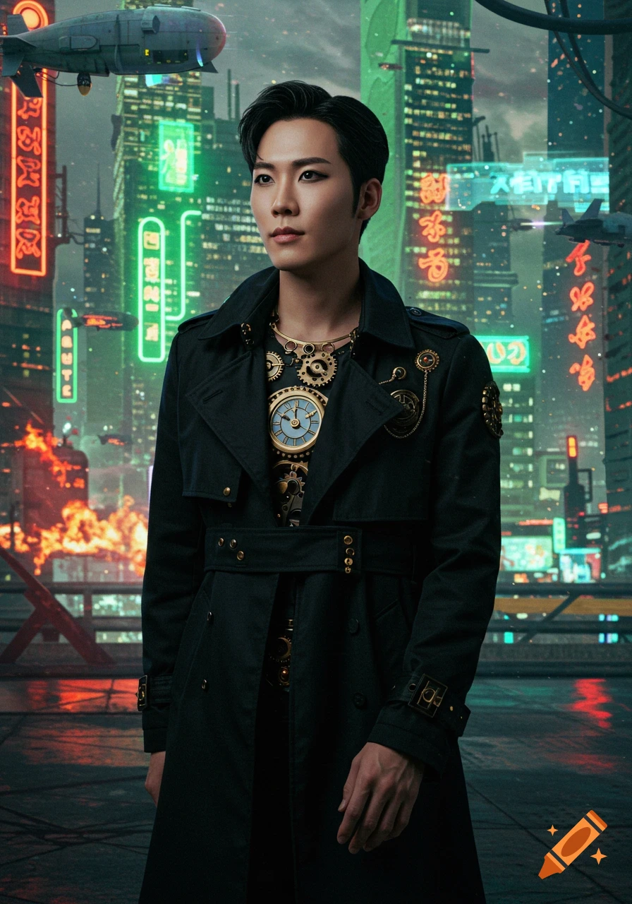 A man in a black trenchcoat with steampunk gear stands in a vibrant, neon-lit cyberpunk city at night.