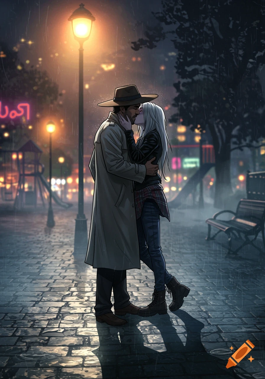 A man in a trench coat and a woman with white hair kiss passionately under a streetlamp in the rain, in a noir comic art style.