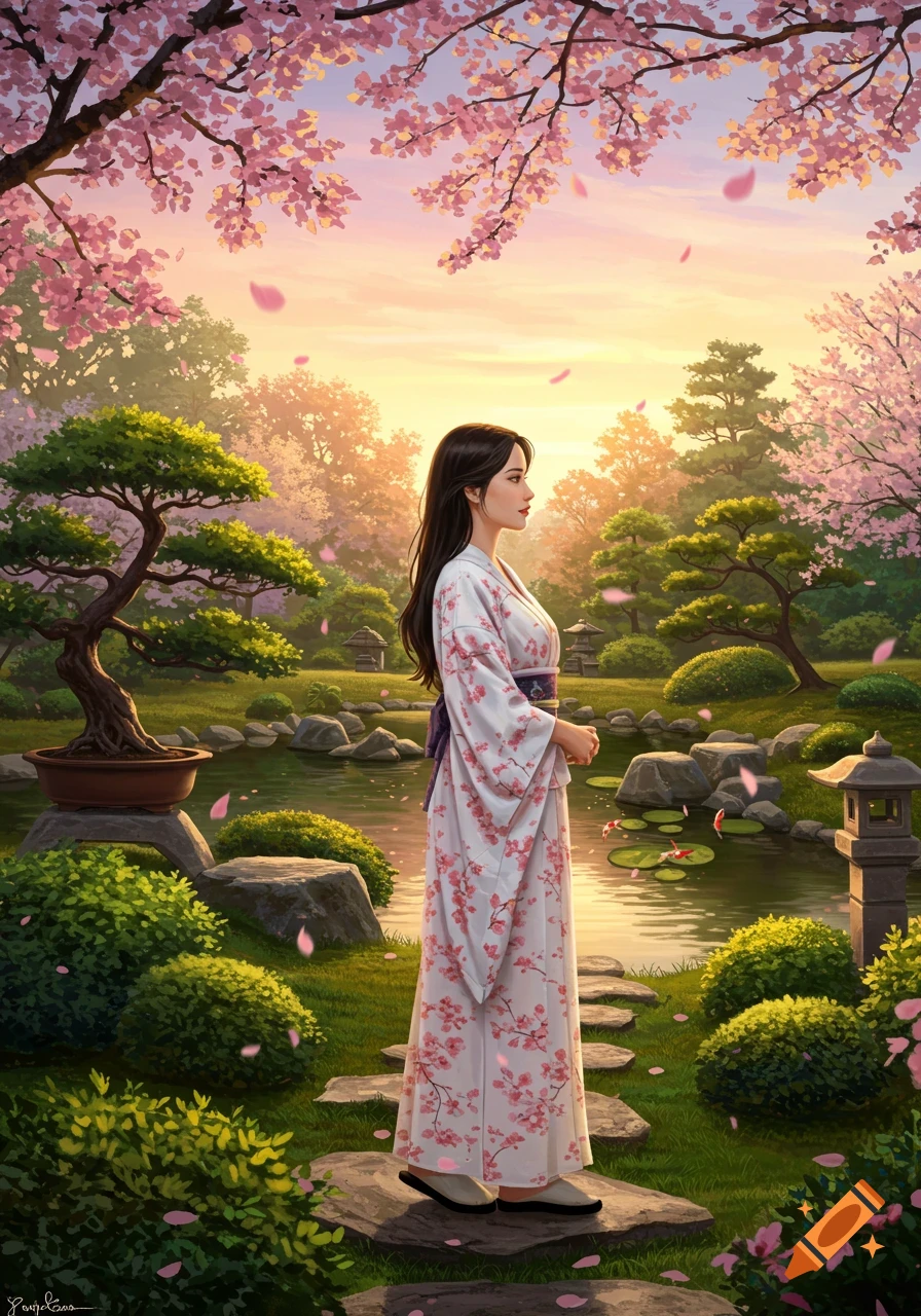 Illustrated woman in a white kimono stands in a Japanese garden with cherry blossoms and a pond under a pink sky.
