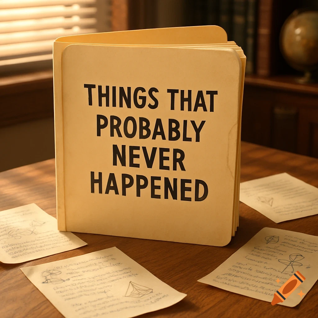 A manila file folder with the label 'THINGS THAT PROBABLY NEVER HAPPENED' standing on a wooden desk with papers around it.