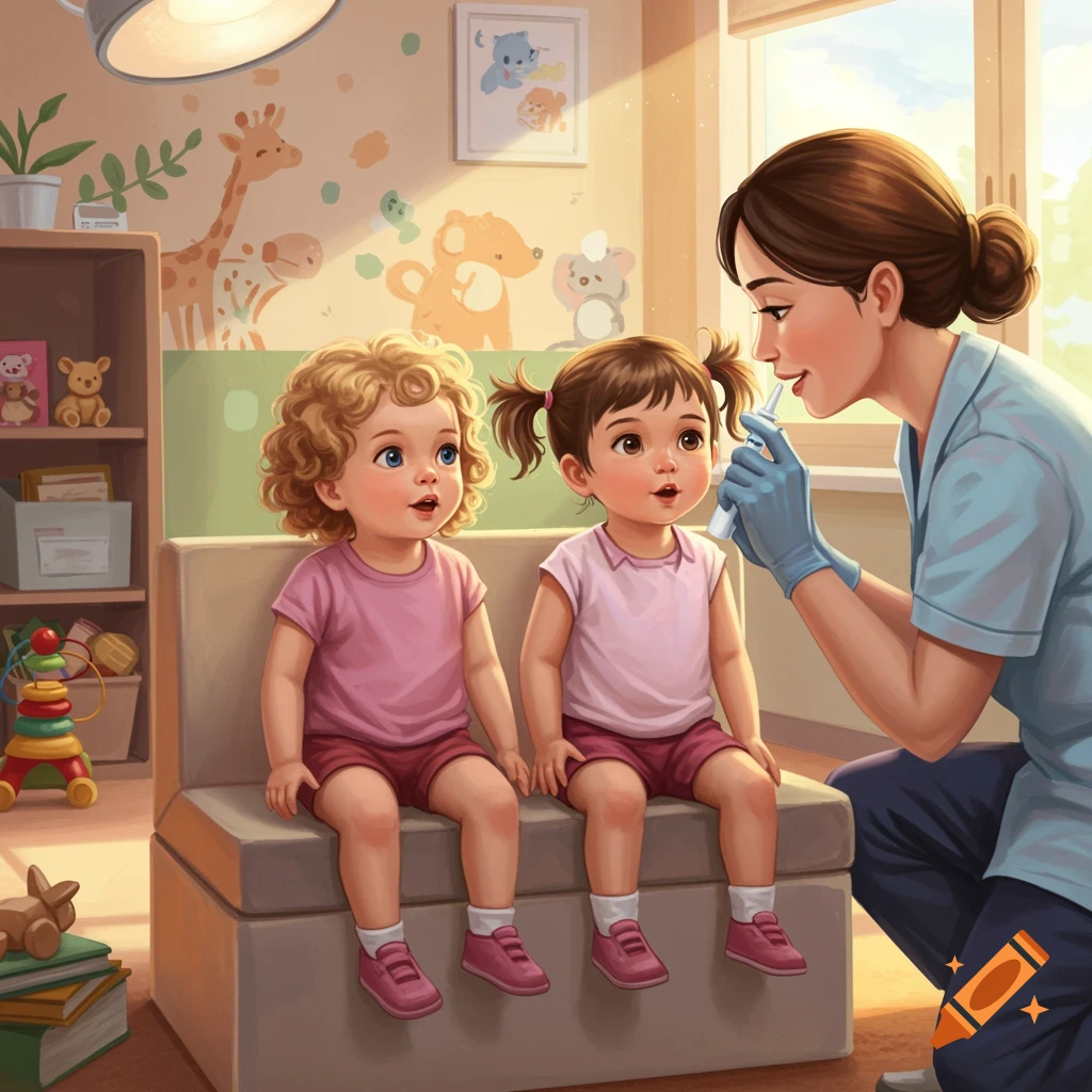 A nurse administers a nasal flu vaccine to two young children sitting on a bench in a brightly lit room with animal wall decals.