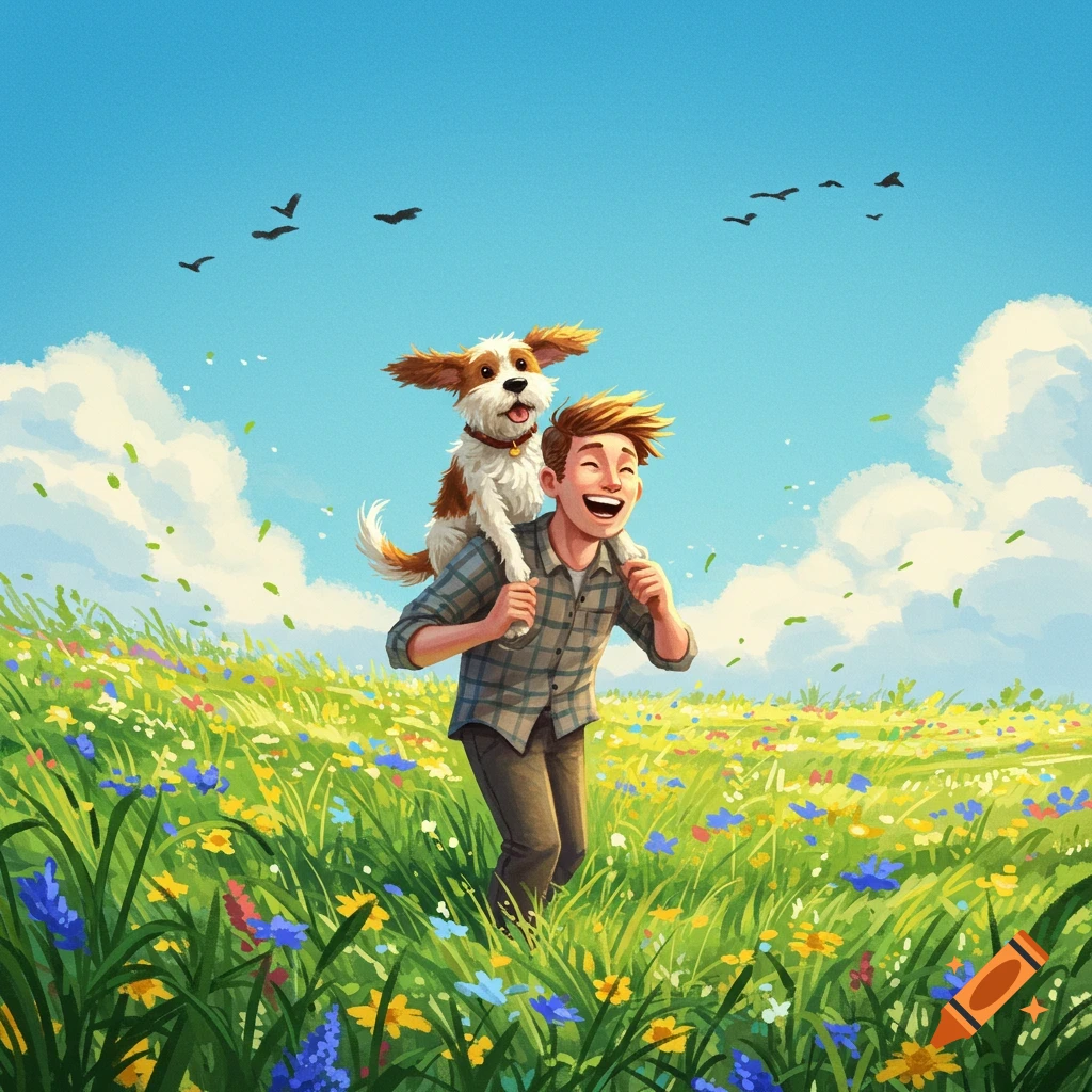 An illustration of a happy man carrying a dog on his shoulders through a vibrant wildflower meadow under a blue sky.