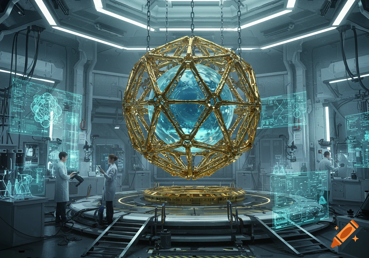 A futuristic laboratory with scientists examining a large, glowing blue sphere encased in a golden geometric structure. Holographic displays show data.