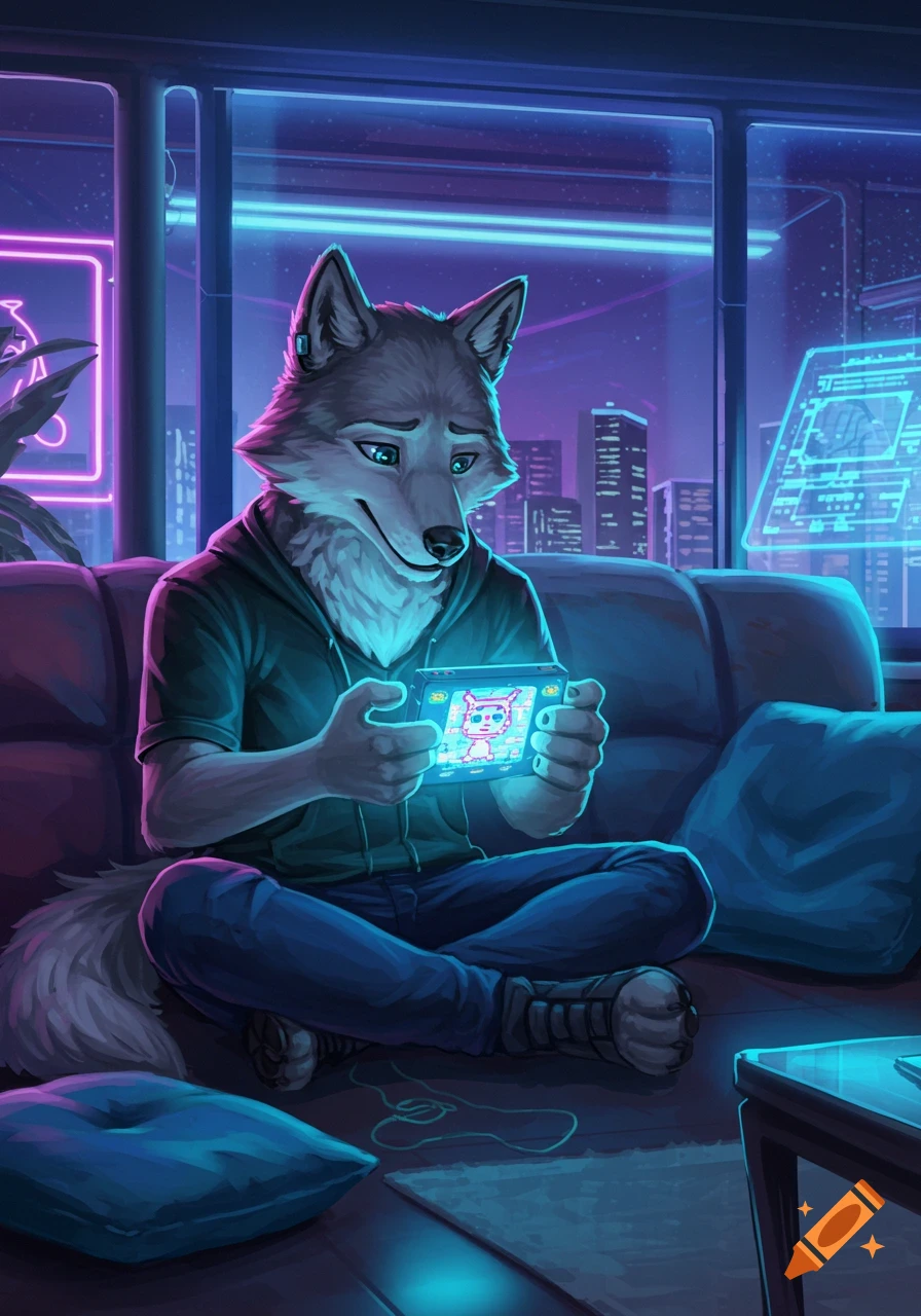An anthropomorphic wolf in a dark hoodie and jeans sits on a couch, looking at a glowing handheld device with a pixelated character on its screen. The room features a large window overlooking a futuristic cityscape with neon lights and a holographic display.
