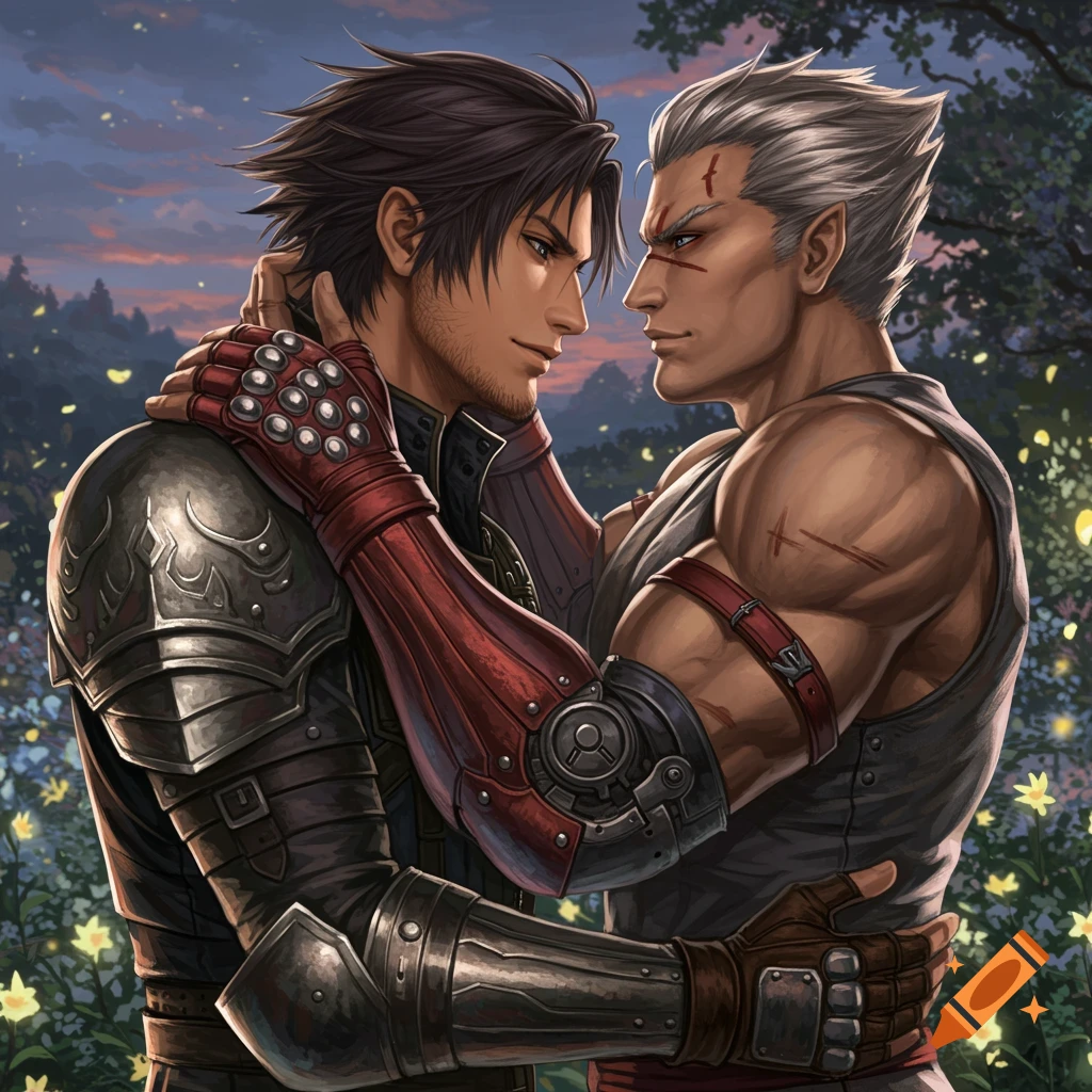 Illustration of two armored male characters embracing in a glowing fantasy garden at dusk.