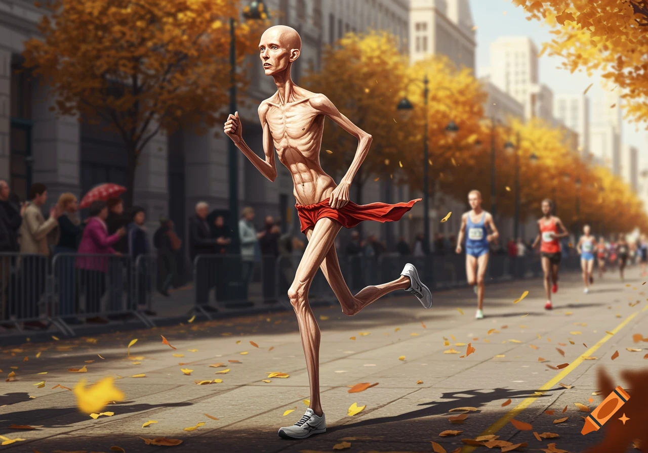An extremely emaciated, bald runner in red shorts participates in a marathon on an autumn city street with fallen leaves.