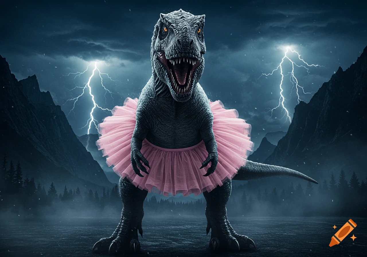 A menacing T-Rex wearing a pink ballet tutu stands under a dark, stormy sky with bolts of lightning.
