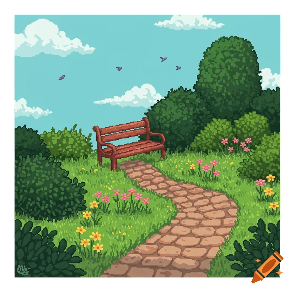 Pixel art landscape: a stone path leads to a wooden bench in a green park with flowers, bushes, and butterflies under a blue sky.