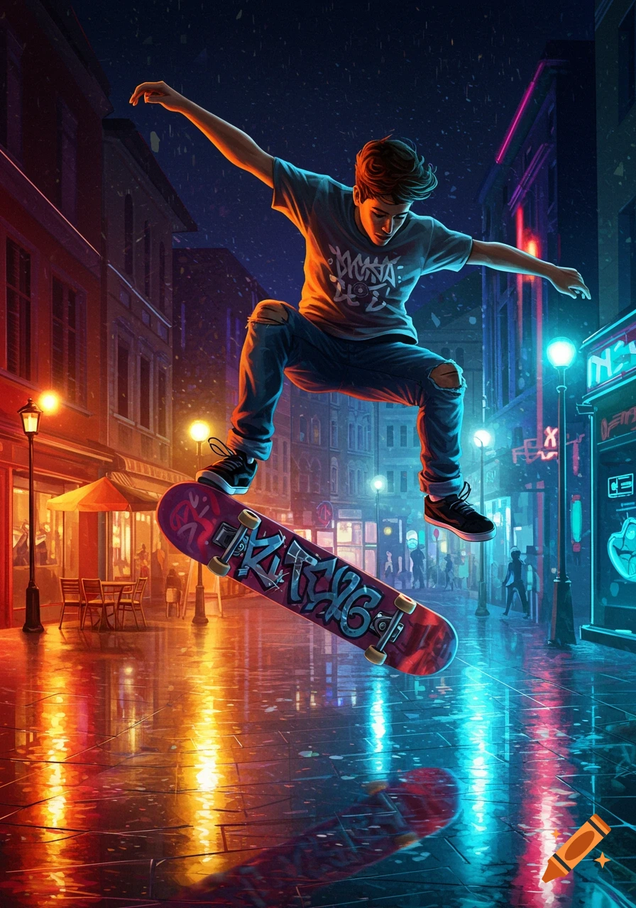 A young man performs a skateboard trick in a vibrant, neon-lit city street at night, with reflections on the wet ground.