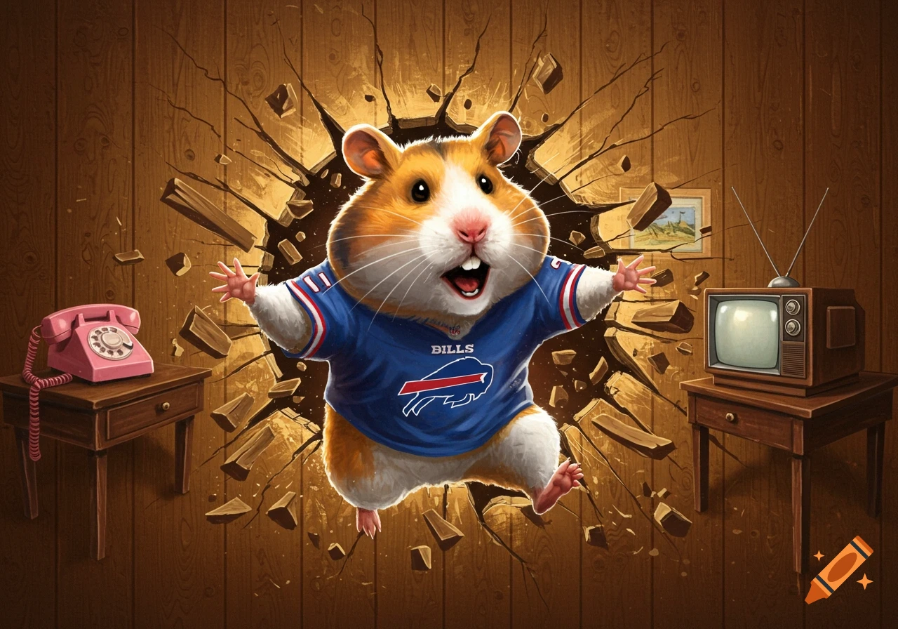 A cartoon hamster wearing a blue Buffalo Bills jersey bursts through a wood panel wall, with a pink rotary phone and vintage TV visible.
