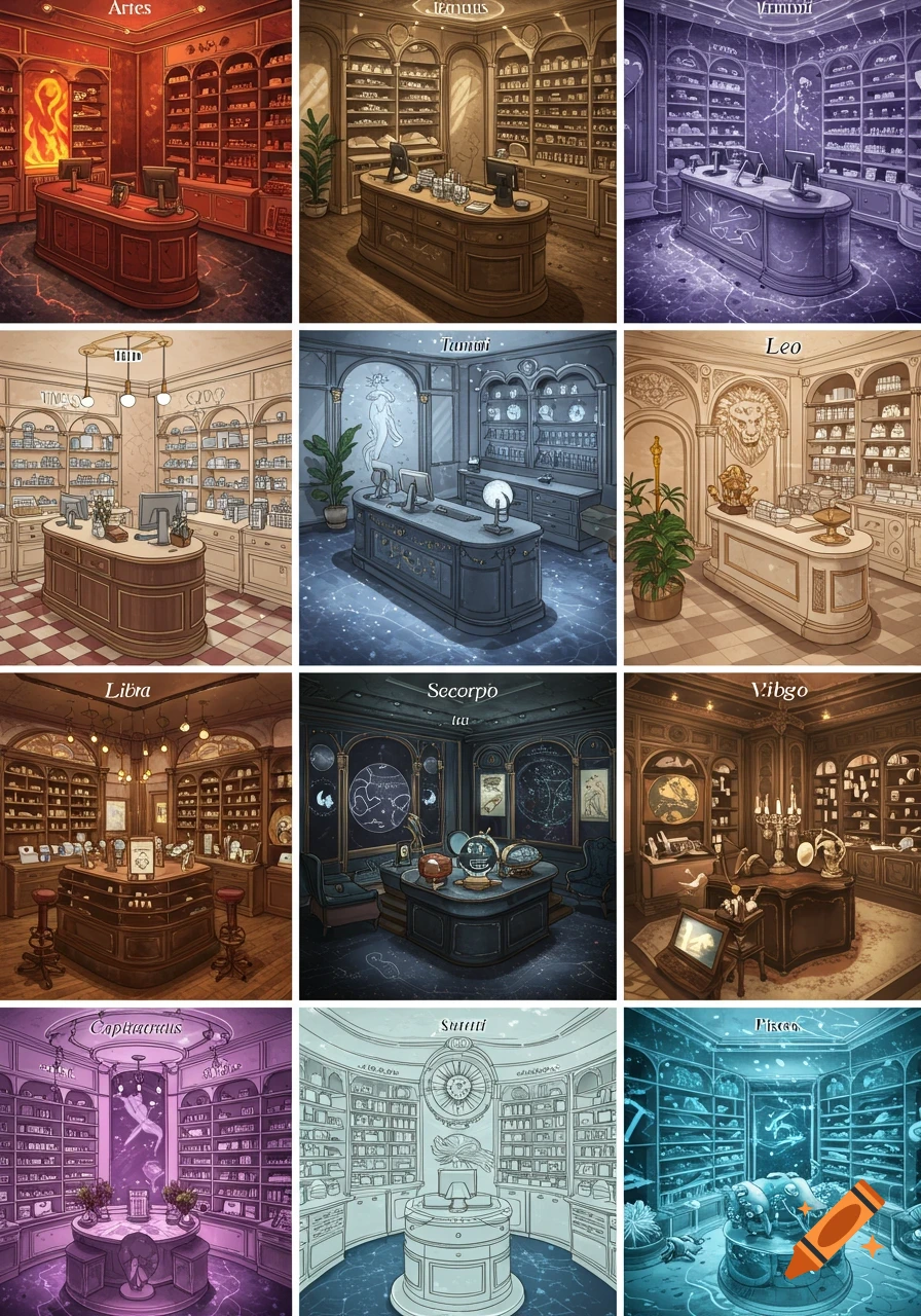 A grid of twelve different pharmacy-like rooms, each styled after a zodiac sign with corresponding colors and thematic elements. Some rooms feature counters, shelves filled with items, plants, and unique decorative objects.