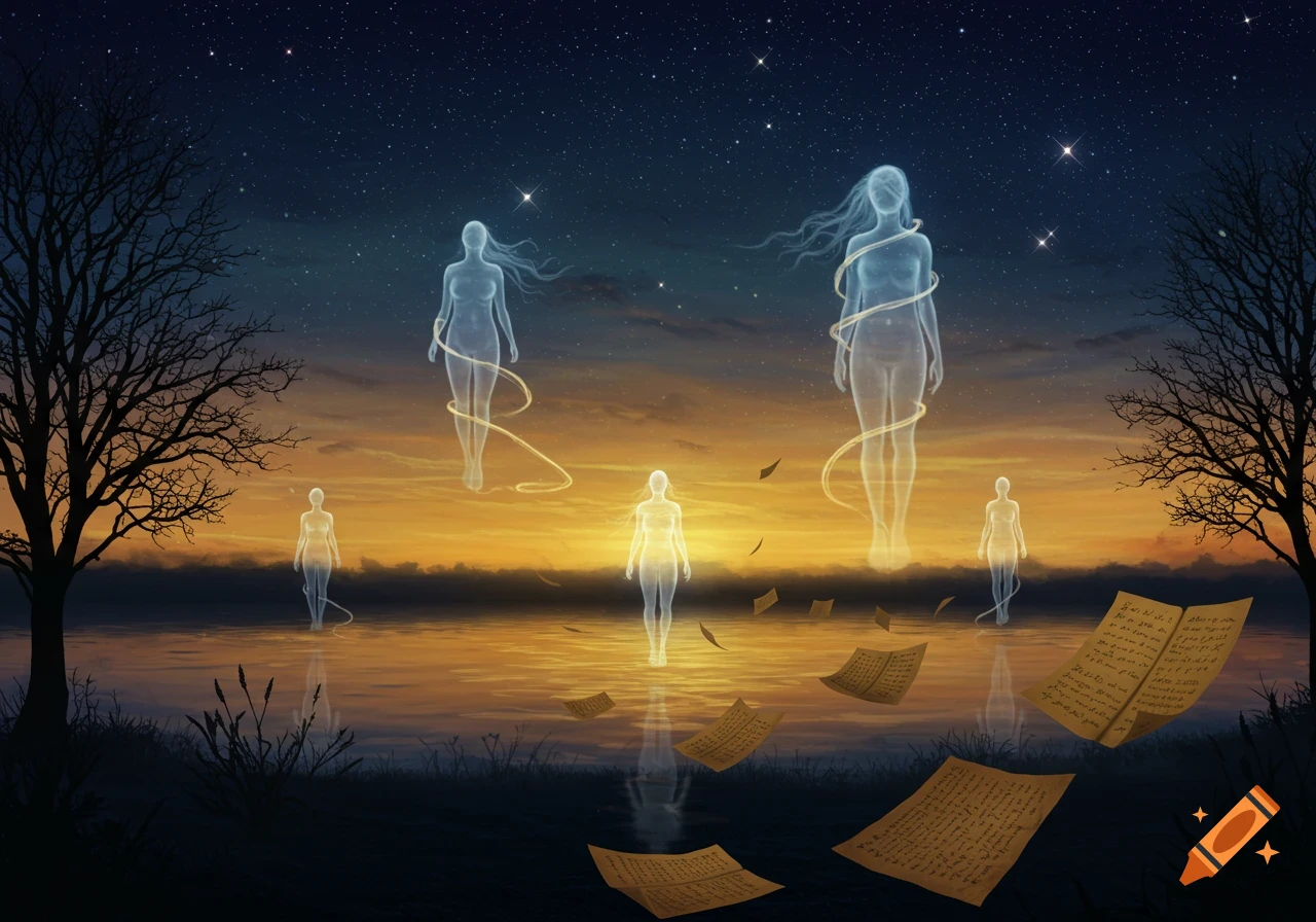 Ghostly female figures float over water at dusk, under a starry sky with floating pages of text.