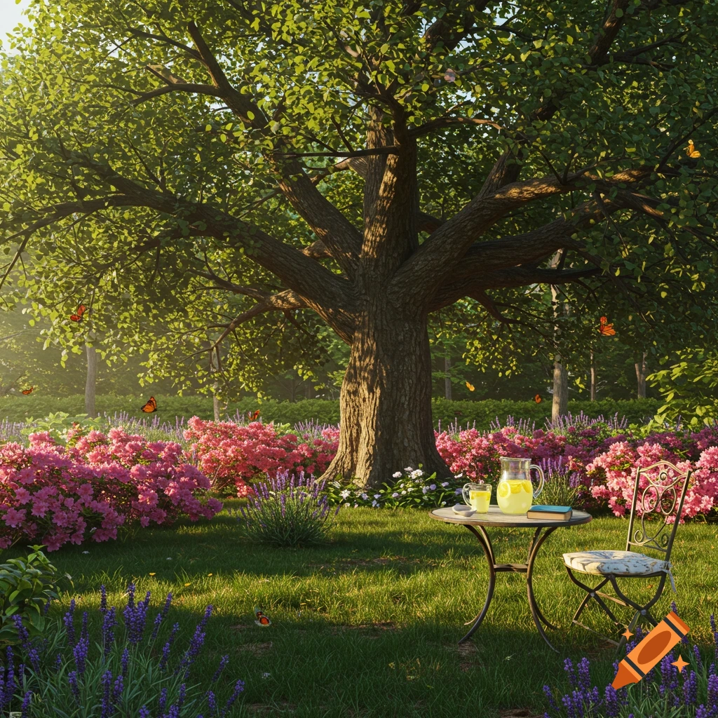 A lush, photorealistic garden scene with a large tree, pink and purple flowers, green grass, and a small table with lemonade. Butterflies flutter around.