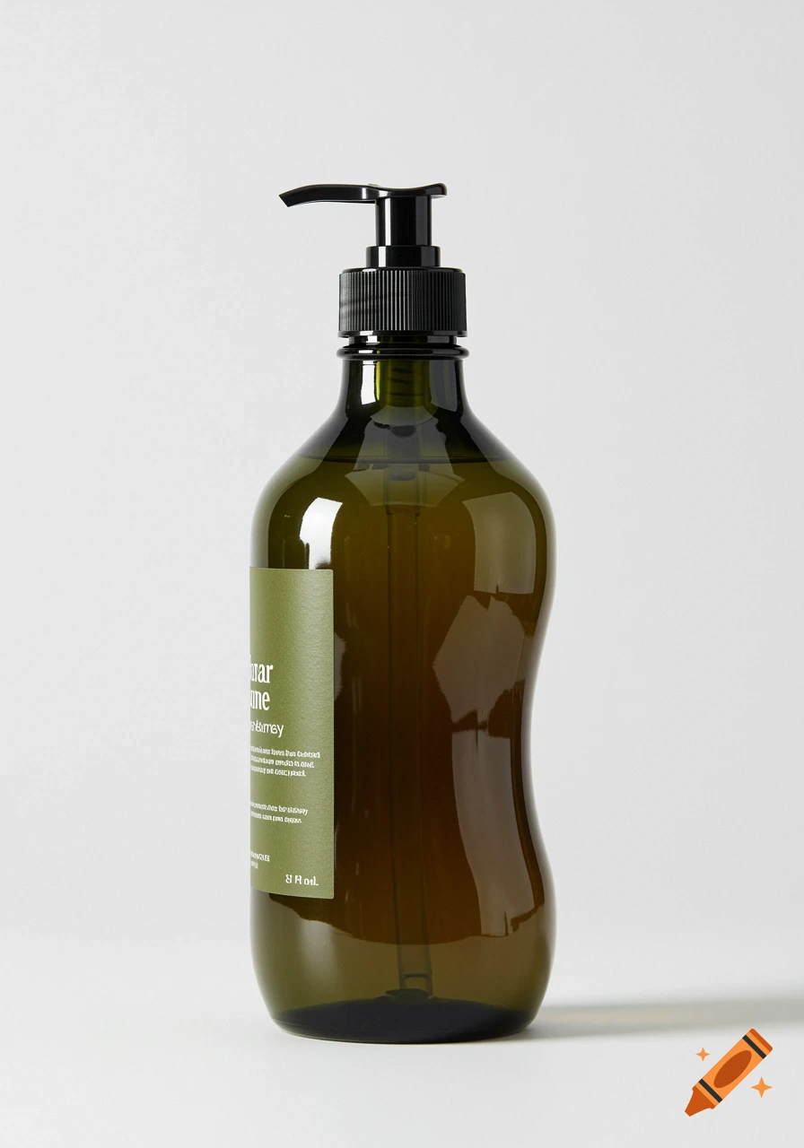 A tall, dark green pump bottle, likely for soap or lotion, stands against a plain white background in a studio shot.