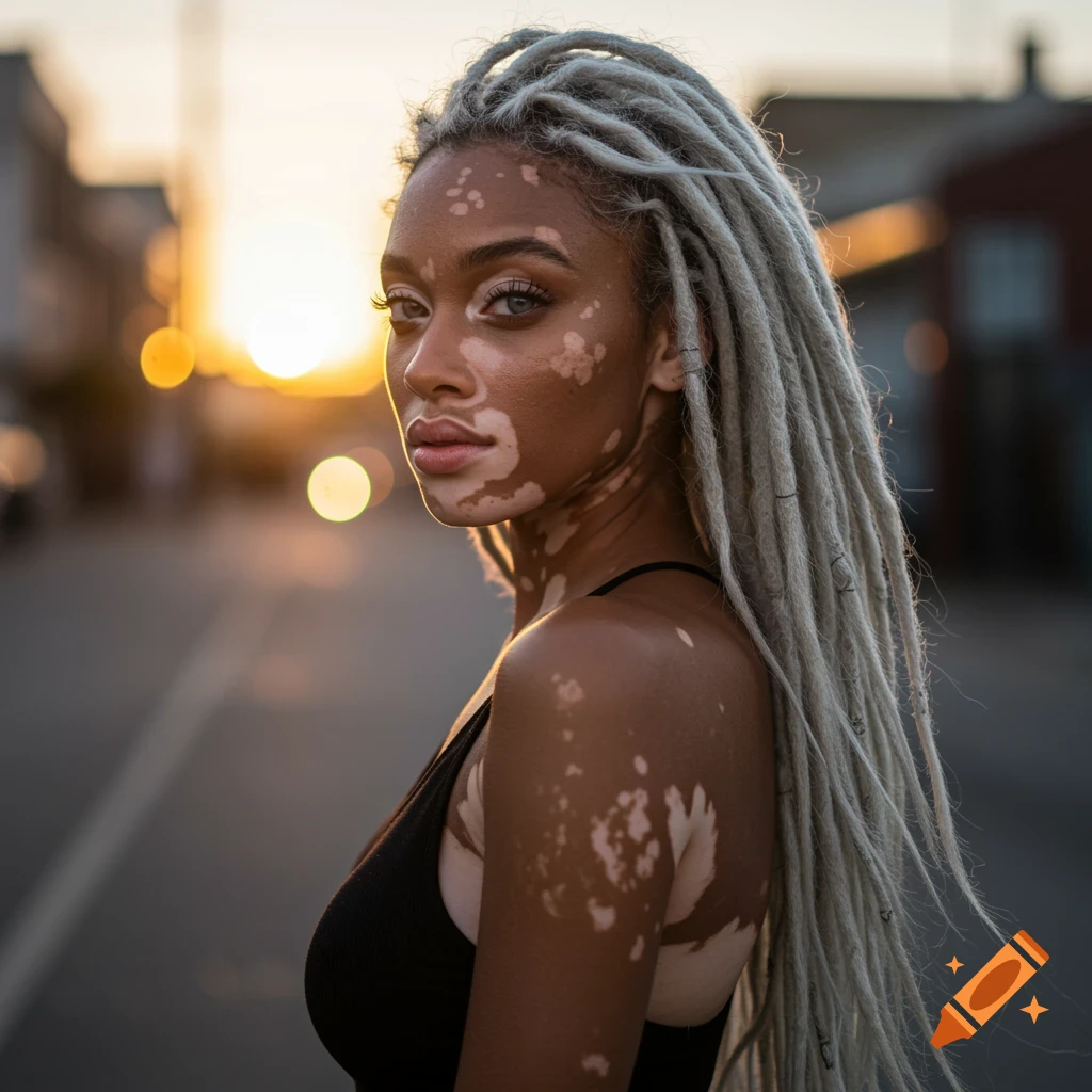 A woman with vitiligo and white dreadlocks looks over her shoulder at sunset on a street.