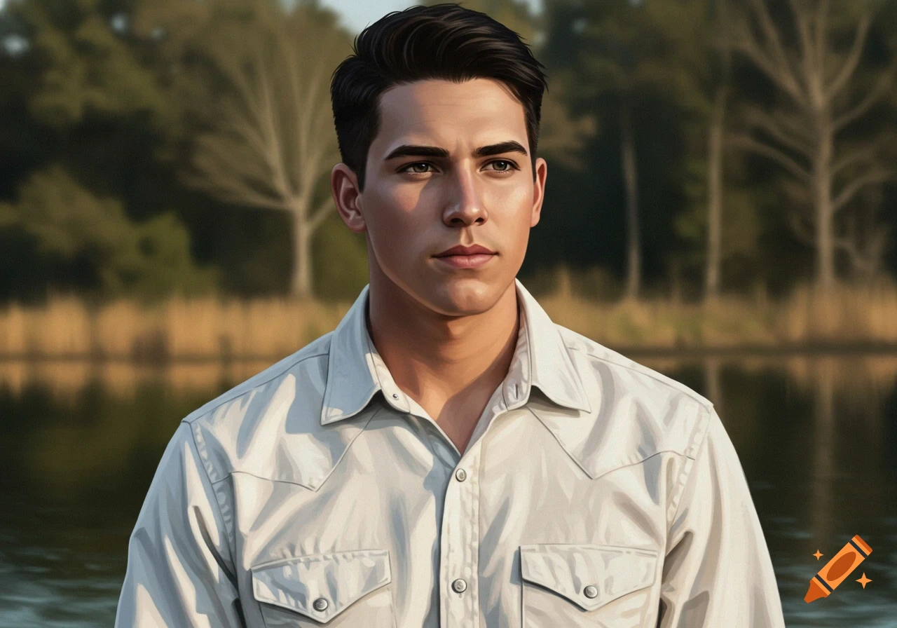 A handsome young man with dark hair and a serious expression wears a light-colored Western-style button-up shirt, standing outdoors by a body of water with trees in the blurred background.