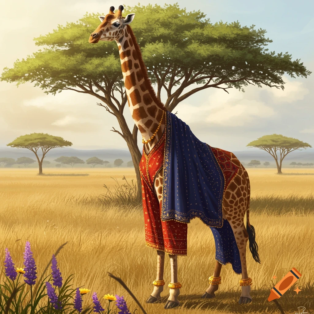 A giraffe in a red and blue traditional Pakistani outfit stands in a sunny savanna.