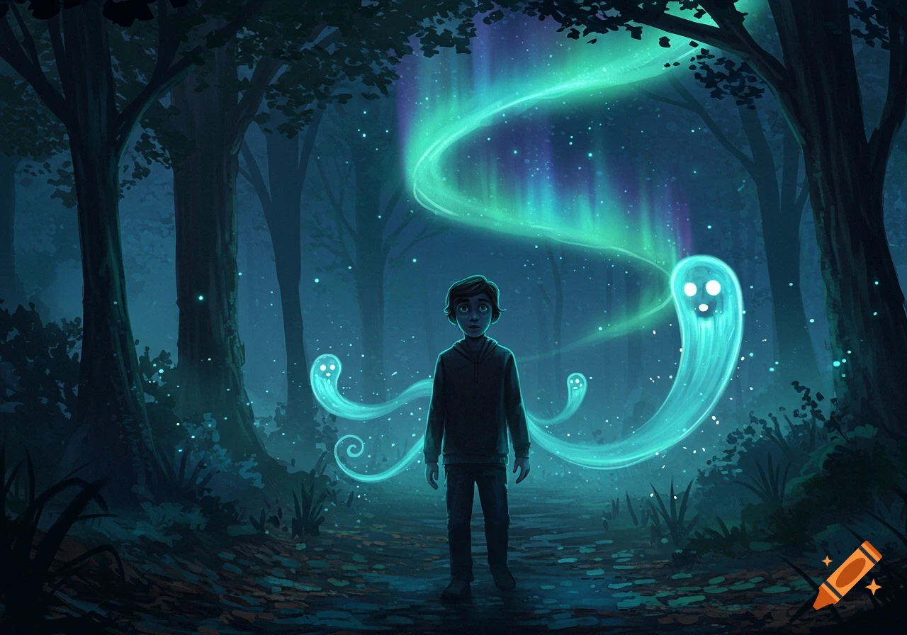 A boy stands in a dark forest, surrounded by glowing teal ghosts and an aurora-like light, in a digital art style.