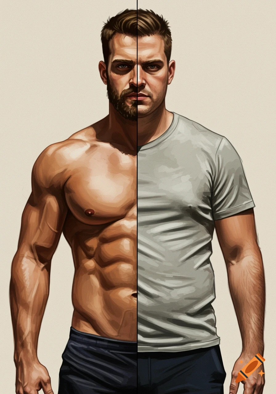 A stylized illustration of a man split vertically. The left half shows a muscular, shirtless man with a beard. The right half shows a man in a gray t-shirt.