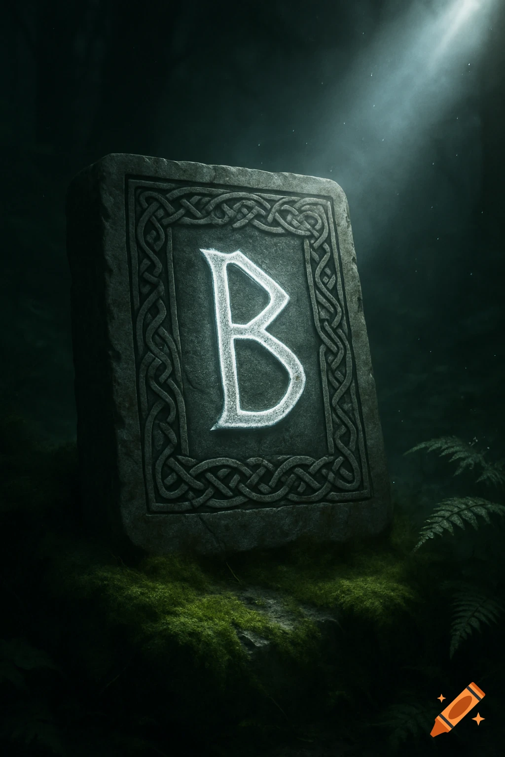 A glowing, stylized letter "B" is carved into a mossy stone tablet in a dark, mystical forest under a beam of light.
