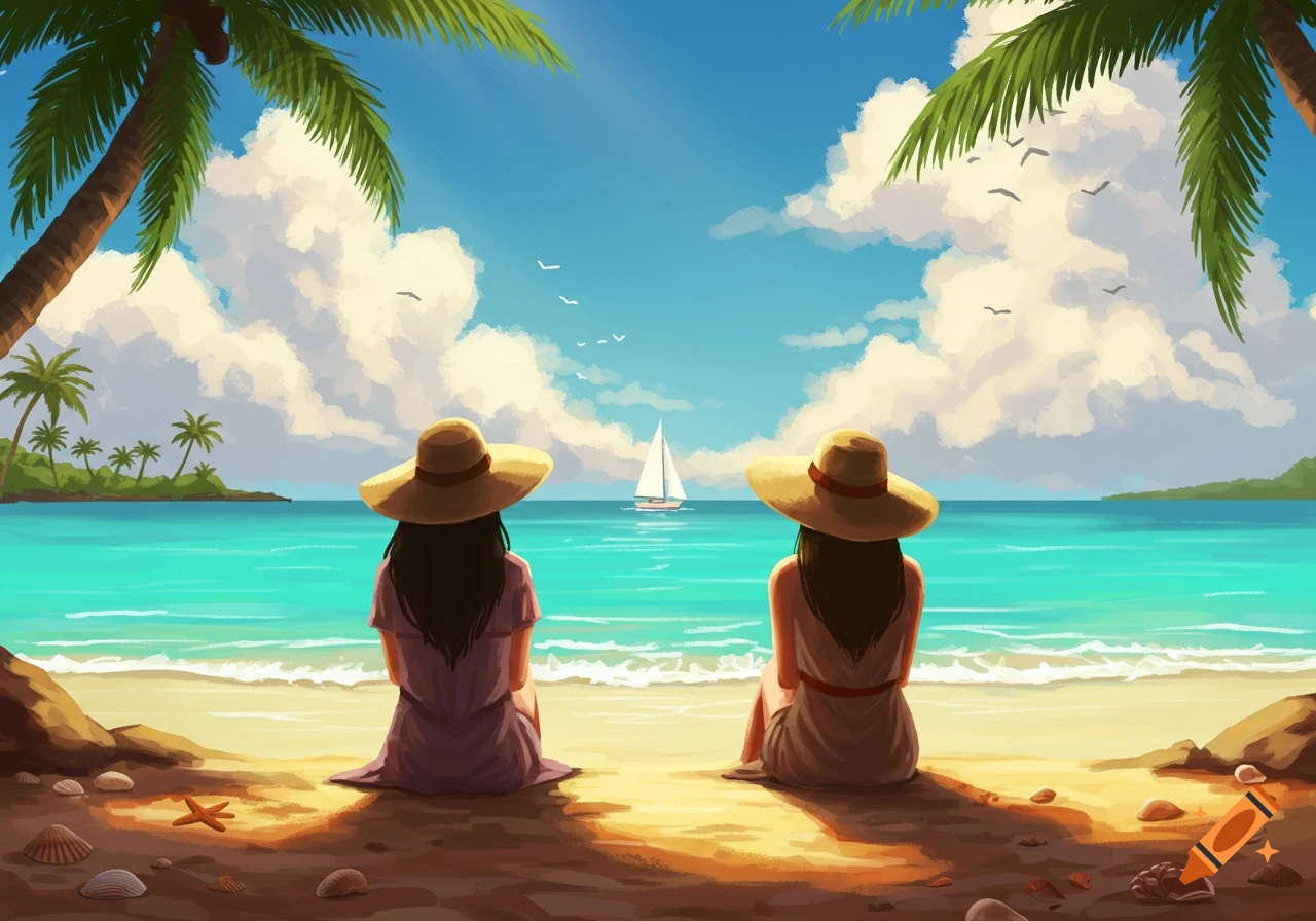Two women in straw hats sit on a sunny tropical beach, looking out at a sailboat on the turquoise ocean. Digital art.