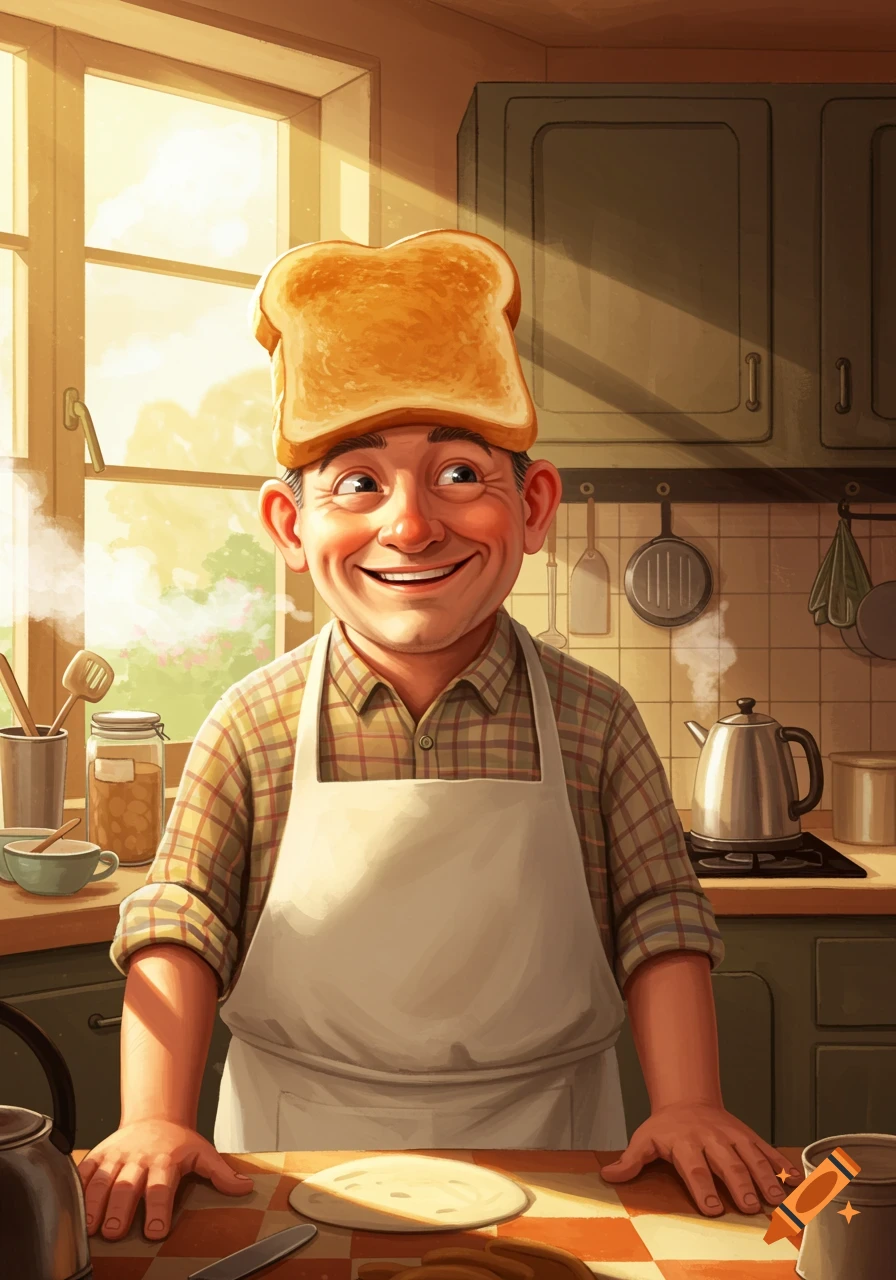 Illustrated smiling man with a slice of toast on his head in a sunlit kitchen, wearing an apron.