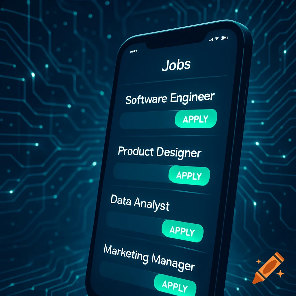 A mobile phone screen shows a list of job titles like Software Engineer and Product Designer, each with a green 'Apply' button, against a futuristic blue circuit board background.