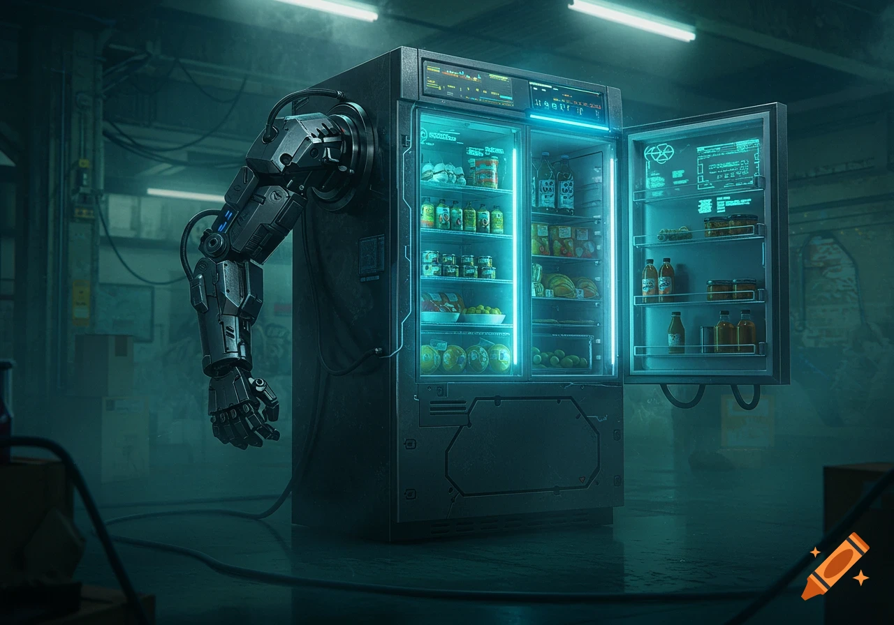 A futuristic refrigerator with glowing blue lights and a robotic arm attached to its side, set in a dim, industrial environment.