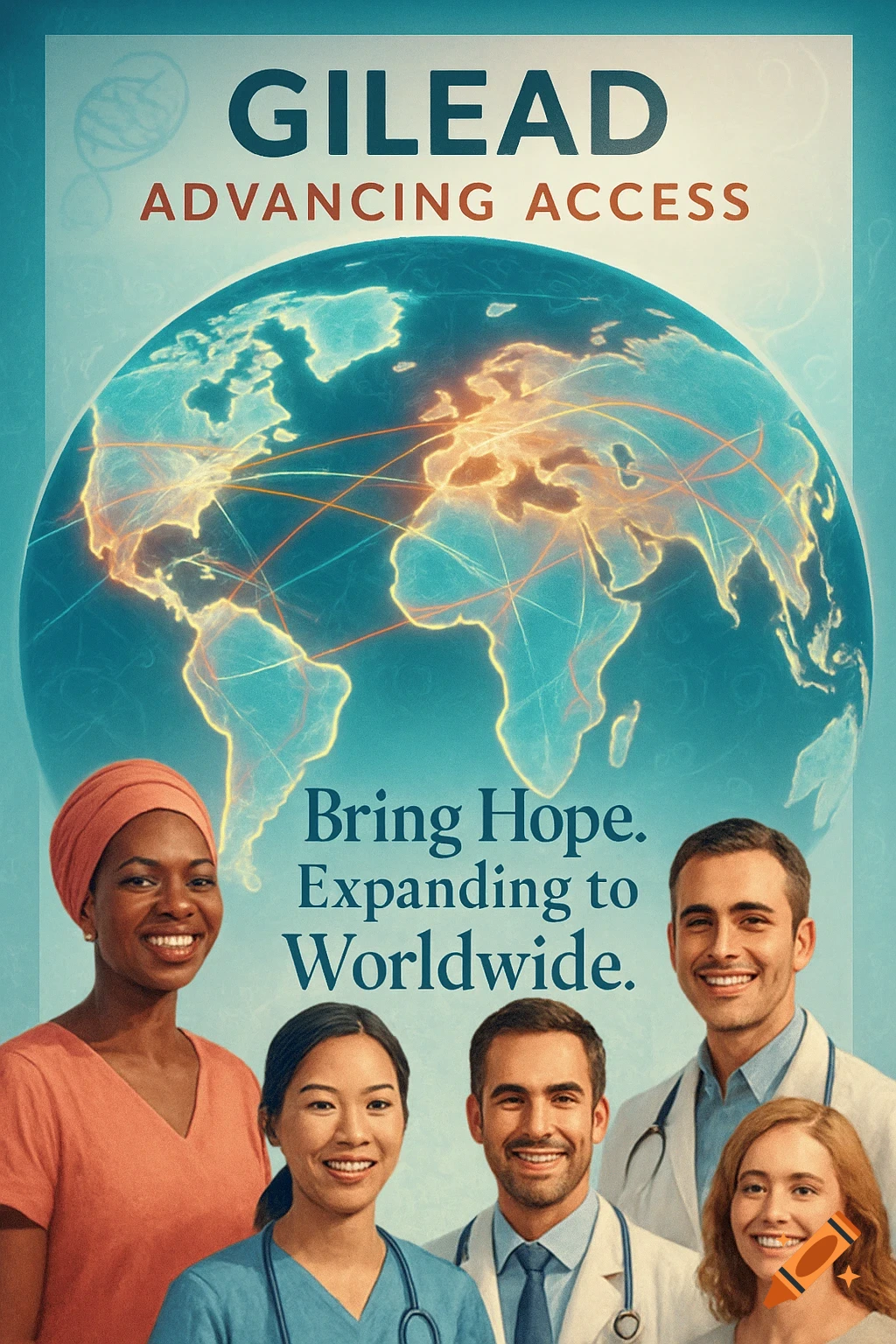 A professional poster shows a glowing world map with lines and diverse smiling healthcare workers.