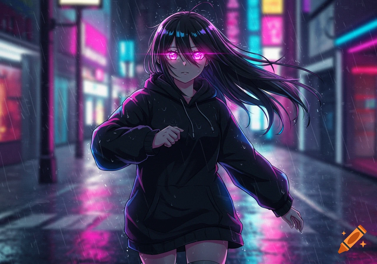 An anime girl with glowing pink eyes and black hair wears a black hoodie, running in the rain down a neon-lit city street at night.