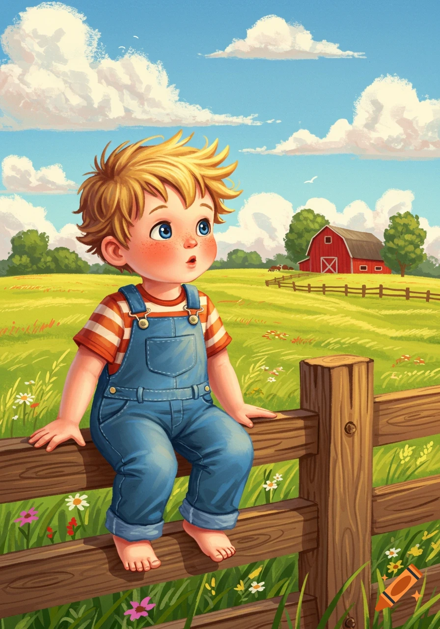 A blonde boy with blue eyes and freckles, wearing denim overalls, sits on a wooden fence overlooking a sunny farm field with a red barn in the distance.